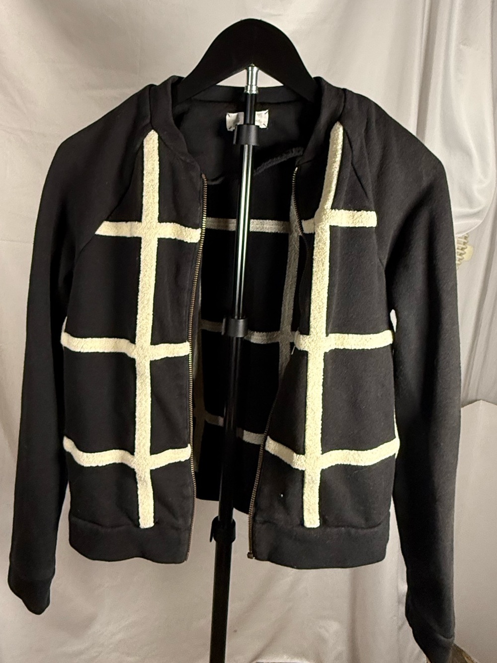 Lou & Grey Black Cream Windowpane Zip Up Cardigan Jacket Size S